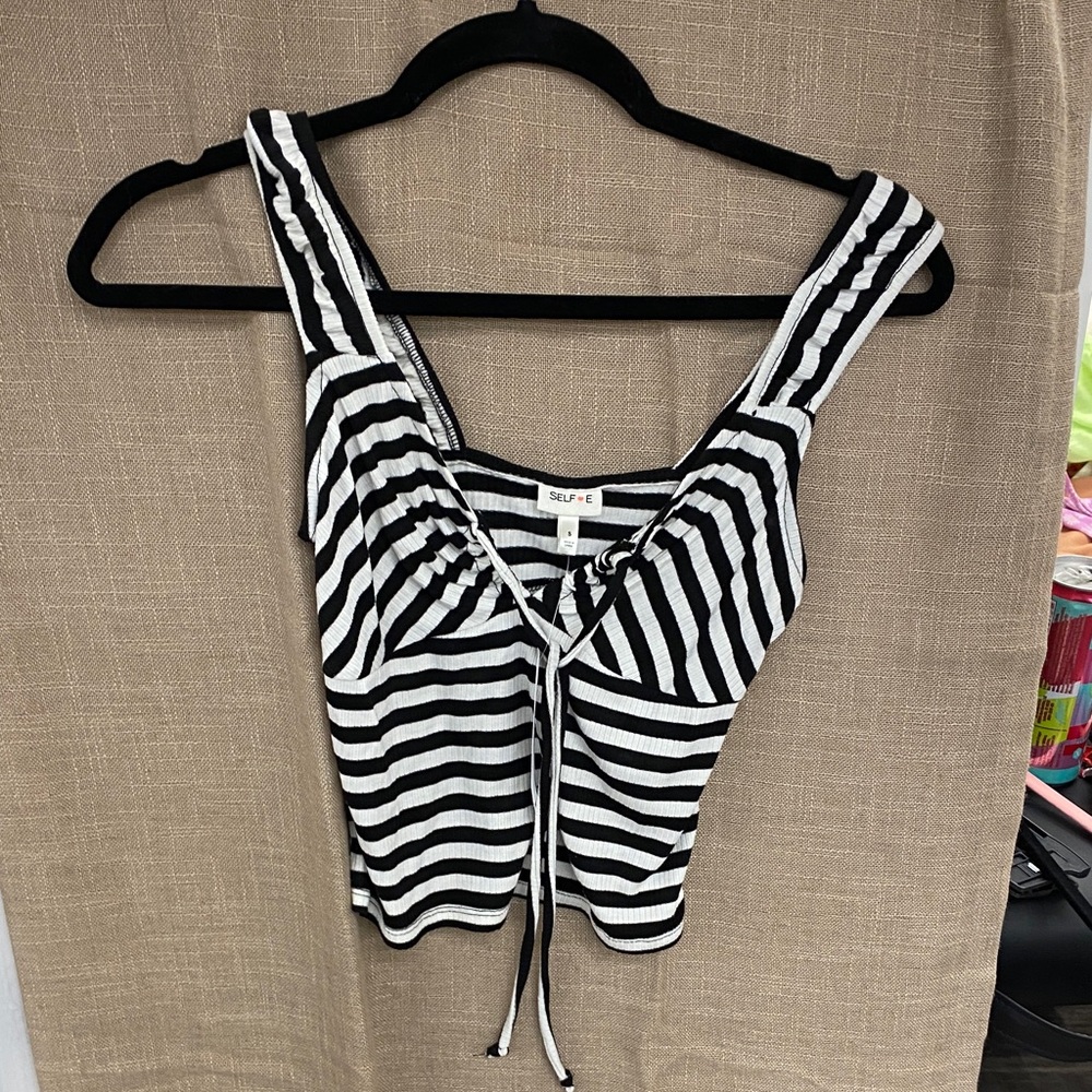 ELF Black & White Striped Tie-Front Crop Camisole